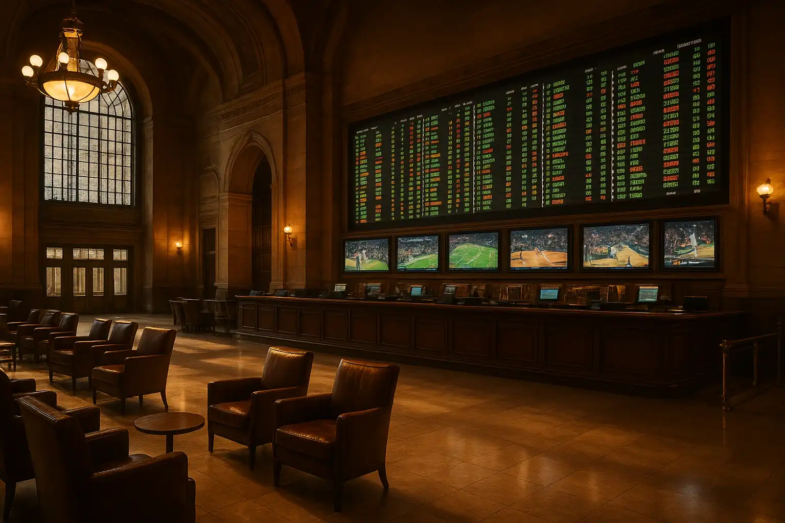 MetroBetz sportsbook betting board displayed inside a grand station concourse